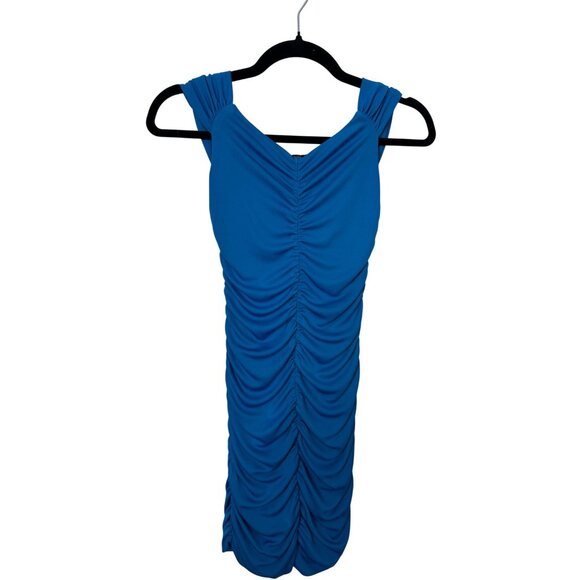 ZARA Ruched Small Royal Blue Sleeveless Dress Deep V-Neck - Picture 8 of 14